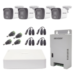Kit de Videovigilancia TURBOHD / DVR 4 Canales Pentahíbrido / 4 Cámaras Bala 1080p / Audio por Coaxitron / Luz Dual 20 m (65.6 ft) Blanca + 30 m (98.4 ft) IR / IP67 / Fuente 12V/13.5V/15V Seleccionable