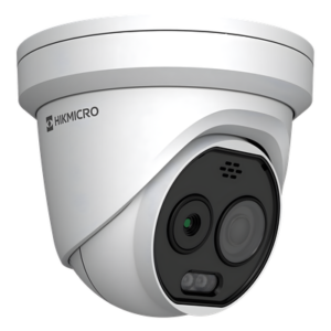 Cámara Turret IP Bi-espectral / Térmica 256×192 / Óptica 5 Megapixel / Detección de Temperatura -20°C a 650°C / Dual Light 30 m (98.4 ft) / IA Avanzada