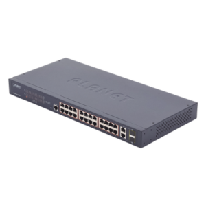 Switch administrable PoE+ / 24 puertos 10/100TX / 2 puertos combo Gigabit TP/SFP / 220W / 6,54 Mpps / 0-50°C / 1,44 x 0,98 x 0,15 pies