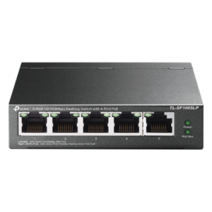 Switch PoE No Administrable / 5 Puertos 10/100 Mbps / 4 Puertos PoE 802.3af / Presupuesto 41 W / Extensión PoE 250 m (820 ft) / Sin Ventilador
