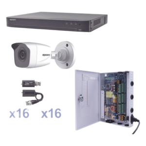 Kit TurboHD / DVR 16 Canales Pentahíbrido / 16 Cámaras Bala 1080p / IR 20 m (65.6 ft) / Fuente de Poder Profesional / Transceptores UTP
