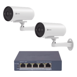 Kit de Videovigilancia PoE / 2 Cámaras IP 3 Megapixel / Switch 4 Puertos PoE+ Gigabit / Visión Nocturna a Color / IP67 / Audio Bidireccional / Luz y Sirena