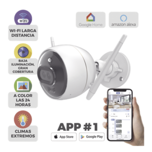 Cámara Bala IP / 2 Megapixel / Doble Lente 2.8 mm / 105° / Visión Nocturna a Color / IR 30 m (98.4 ft) / Wi-Fi 2.4 GHz / IP67 / Audio Bidireccional / Sirena y Luz Estroboscópica