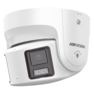 Cámara Turret IP Panorámica / 8 Megapixel / Dual Lente 4 mm 180° / Color 24/7 / WDR 130 dB / Luz Blanca 30 m (98.4 ft) / IP67 / PoE / Audio Bidireccional / AcuSense